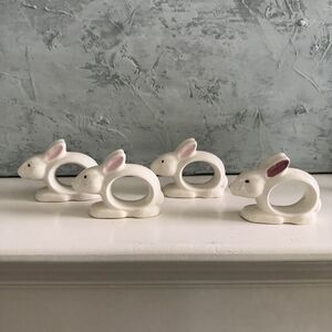 Vintage Japan White Bunny Rabbit Napkin Rings Ceramic Porcelain Easter Set Of 4